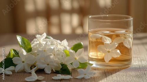 Refreshing herbal tea served in a glass cup with delicate blossoms on a woode...