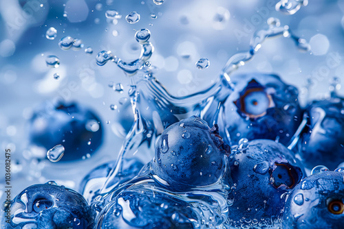 Blueberry is surrounded by water droplets, creating a serene and calming atmosphere. Concept of tranquility and peacefulness, as the blueberries