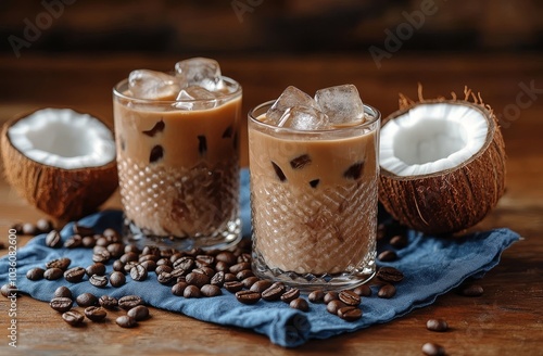 Refreshing iced coconut coffee drinks with coconut halves and coffee beans on...