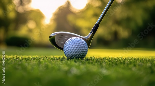 A golfer prepares to swing at sunset on a lush green course near a serene lan...