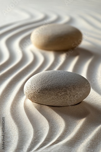 Smooth stones positioned on sand with gentle lines created in a calming arran...