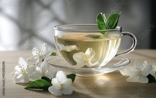 Fresh jasmine tea brewing with delicate flowers and green leaves arranged art...