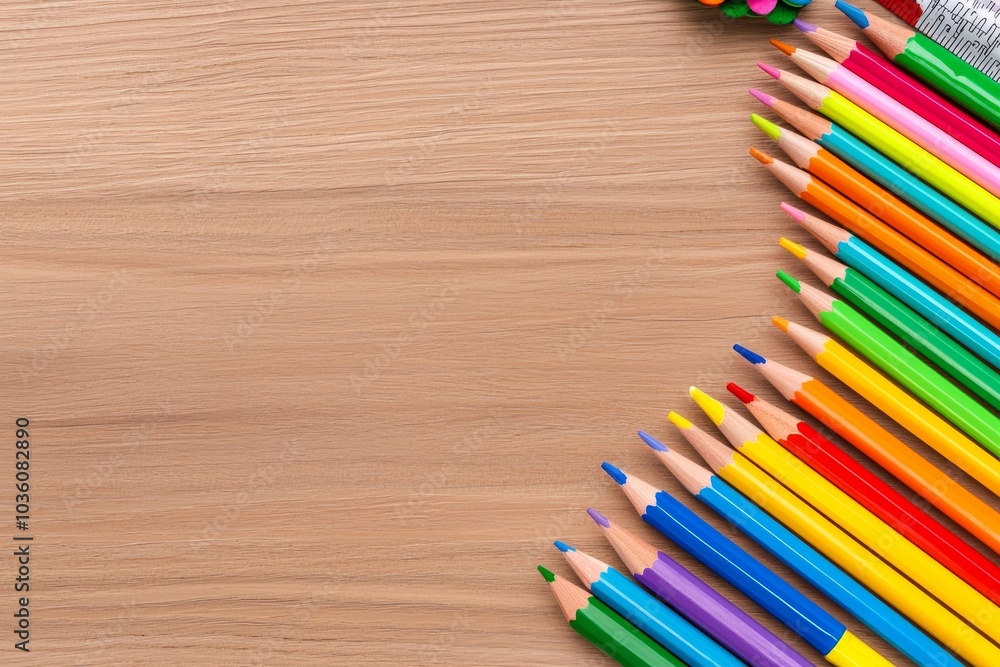 Obraz premium An outline of school supplies on a wooden table. Scissors, pencils, paper clips, notepads, markers, rulers.