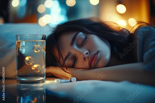 A woman peacefully resting beside a glass of water on a softly lit bedside ta...