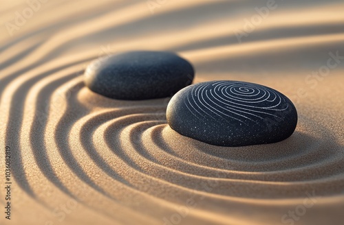 Smooth black stones resting on gently rippled sand, highlighting tranquility ...