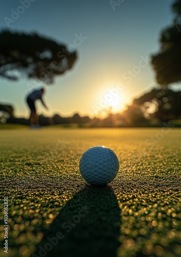A golfer prepares to putt as the sun sets over the green in a serene evening ...