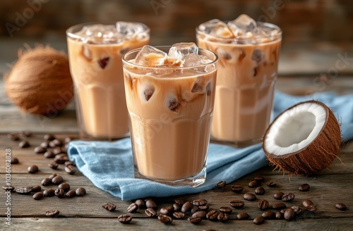 Refreshing iced coconut coffee drinks with coconut halves and coffee beans on...