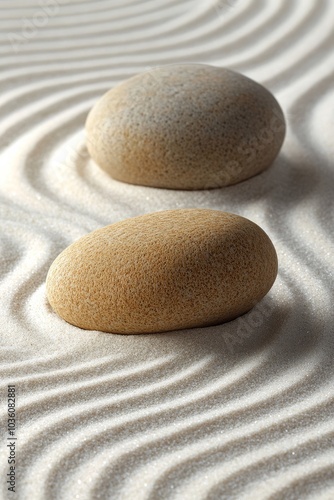 Smooth stones positioned on sand with gentle lines created in a calming arran...