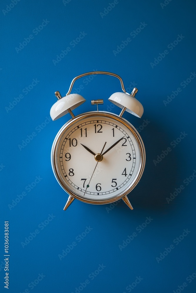 Classic silver alarm clock showing 6:00 against a dark blue background in a vintage style Classic silver alarm clock showing 6:00 against a dark blue background in a vintage style