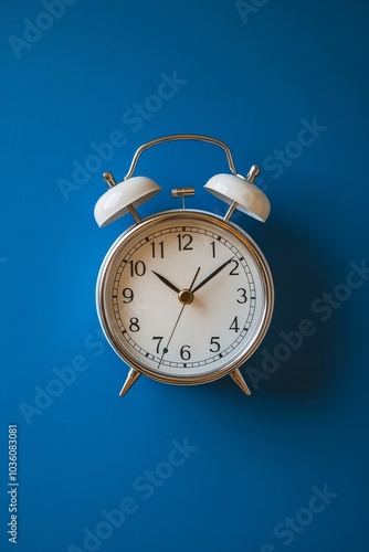 Classic silver alarm clock showing 6:00 against a dark blue background in a v...