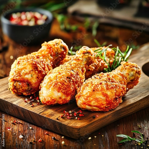 Four crispy fried chicken drumsticks lying on wooden board photo