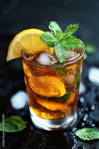 Vibrant fruits and mint in a refreshing summer drink, served in a clear glass
