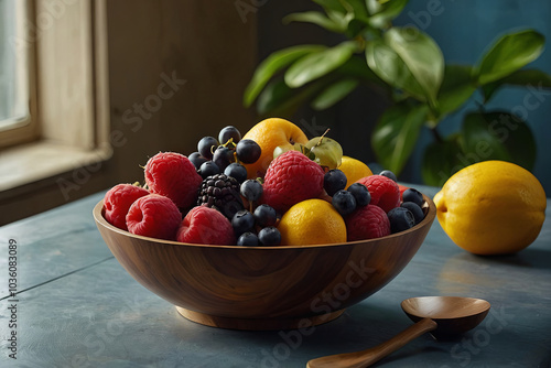 an advertisement showcasing the health and freshness of a fruit bowl, using vibrant colours to emphasize the nutritious and delicious appeal