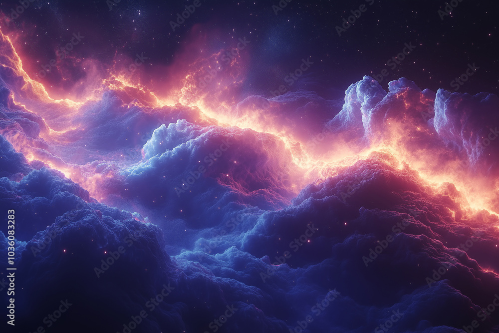 Celestial clouds lit by vibrant colors create a mesmerizing cosmic landscape Celestial clouds lit by vibrant colors create a mesmerizing cosmic landscape