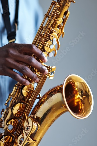 Close up of a musician playing a beautifully crafted saxophone during a live ...