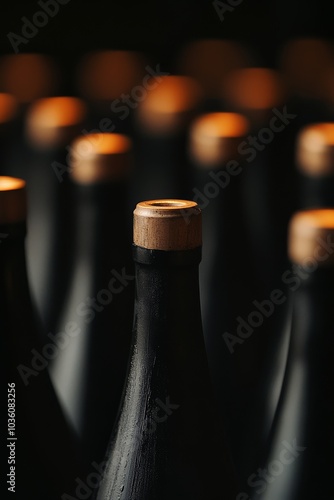 Elegant black bottles with wooden corks arranged in a stylish display against...