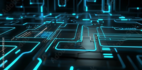 An illustration of the transfer of digital data through light pulses racing through a circuit. DDT, light pulses, racing circuits, technology visualization. photo