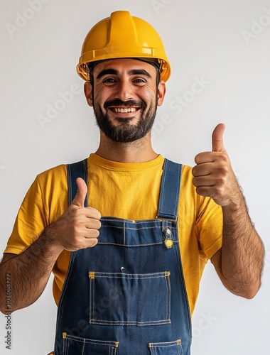 A young construction worker smiling and giving thumbs up while wearing a yell...