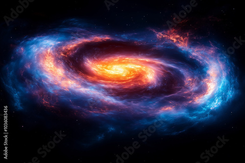 A vibrant spiral galaxy swirling with orange and blue hues against a dark cosmic background