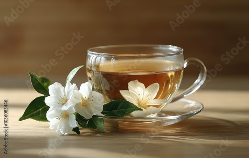A serene moment with a cup of jasmine tea and delicate flowers in a warm setting