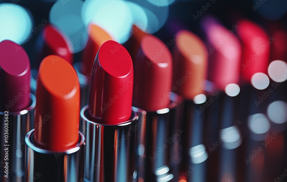 A vibrant display of various lipstick shades arranged neatly on a cosmetic counter A vibrant display of various lipstick shades arranged neatly on a cosmetic counter