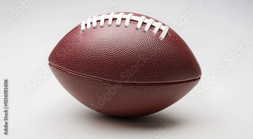 Close-up of an American football on a gray background, highlighting its textured surface and white laces.