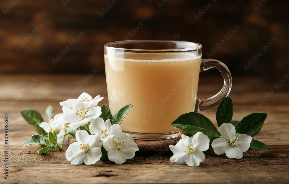 A serene moment with a cup of jasmine tea and delicate flowers in a warm setting A serene moment with a cup of jasmine tea and delicate flowers in a warm setting
