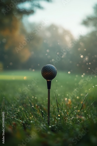 Early morning dew on a golf tee with a ball, set in a lush green golf course