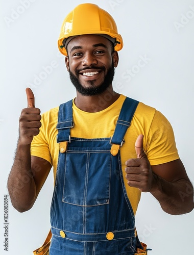 A young construction worker smiling and giving thumbs up while wearing a yell...