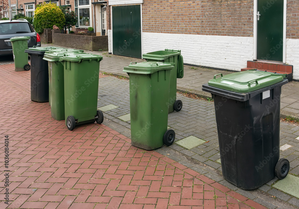 plastic waste bins are scattered outside on the street in a residential area plastic waste bins are scattered outside on the street in a residential area