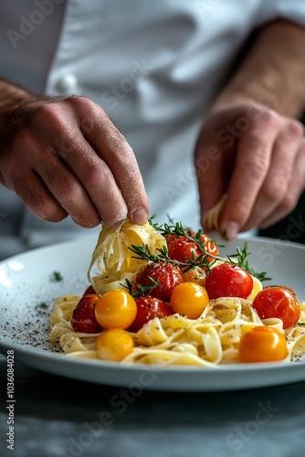 Preparing a delicious plate of spaghetti with fresh cherry tomatoes and herbs...