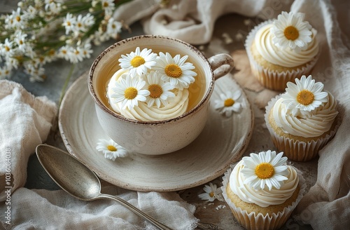 Delicious cupcakes served in a charming setting with daisies during a cozy af...