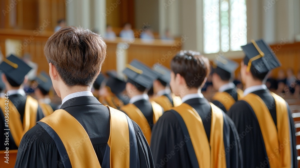 Obraz premium Graduates wearing caps and gowns stand in a row. The scene is one of pride and accomplishment