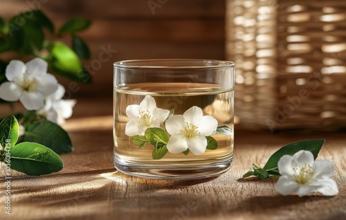 A serene moment with a cup of jasmine tea and delicate flowers in a warm setting