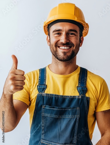 A young construction worker smiling and giving thumbs up while wearing a yell...
