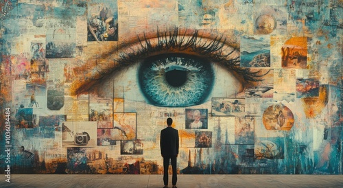 A man stands before a collage mural featuring a striking blue eye surrounded by various images and textures.