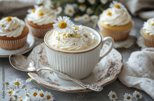 Delicious cupcakes served in a charming setting with daisies during a cozy af...