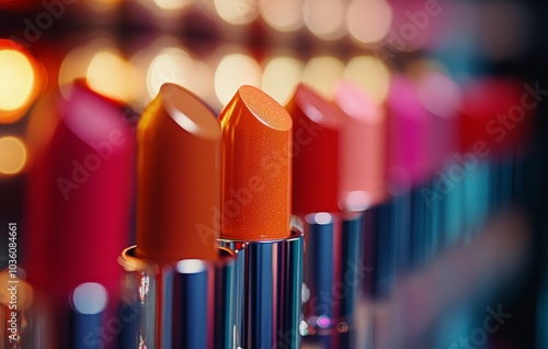 A vibrant display of various lipstick shades arranged neatly on a cosmetic co...