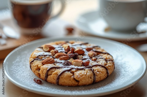Freshly baked cookie with chocolate drizzle alongside two cups of coffee on a...