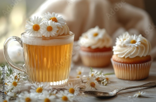 Delicious cupcakes served in a charming setting with daisies during a cozy af...