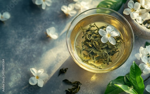 Fresh jasmine tea brewing with delicate flowers and green leaves arranged art...