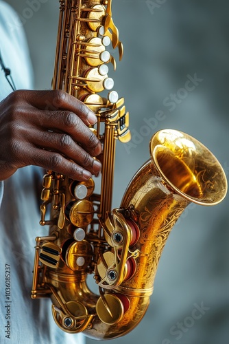 Close up of a musician playing a beautifully crafted saxophone during a live ...