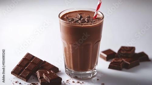 Delicious chocolate milkshake topped with chocolate shavings and a red stripe...