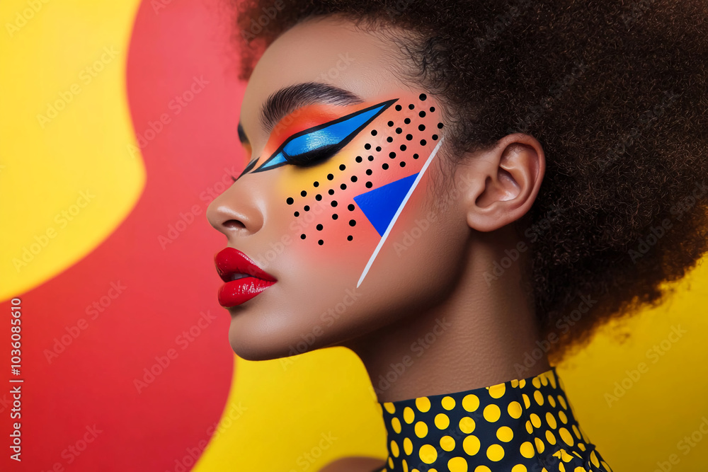A woman with dark skin and curly hair has her face painted with colorful geometric shapes, including a blue triangle, black dots, and white lines.
A woman with dark skin and curly hair has her face painted with colorful geometric shapes, including a blue triangle, black dots, and white lines.