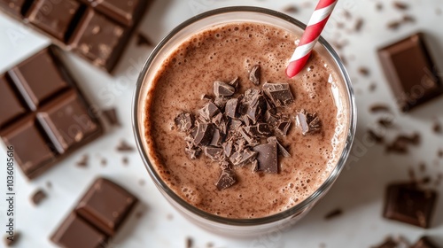 Delicious chocolate milkshake topped with chocolate shavings and a red striped straw