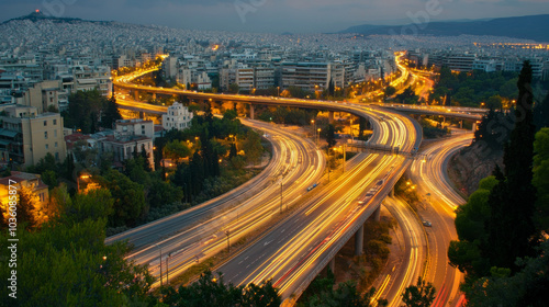 A nighttime view from above shows a busy, lit-up highway interchange in Athens, Greece.  Cars travel on the multi-level roads, connecting to the Attiki Odos toll road. photo