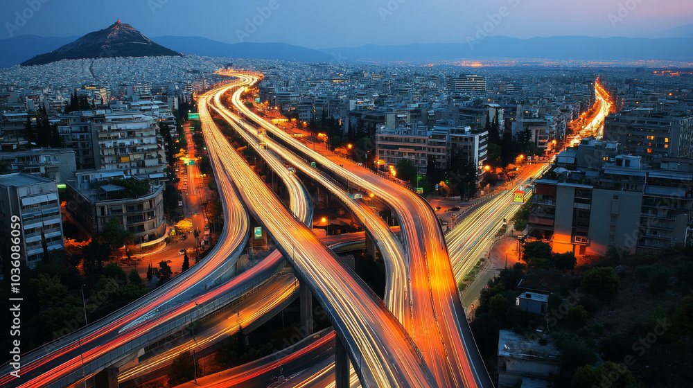 A nighttime view from above shows a busy, lit-up highway interchange in Athens, Greece. Cars travel on the multi-level roads, connecting to the Attiki Odos toll road. A nighttime view from above shows a busy, lit-up highway interchange in Athens, Greece. Cars travel on the multi-level roads, connecting to the Attiki Odos toll road.