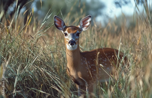 A deer standing amid golden grass in a quiet field during a calm autumn evening