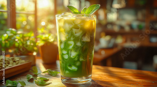 A refreshing tall glass of iced matcha latte with almond milk, surrounded by fresh herbs, set in a soft natural light