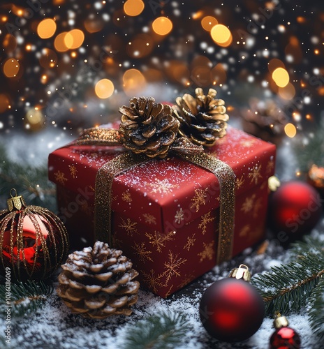 A beautifully wrapped Christmas gift surrounded by ornaments and pinecones du...